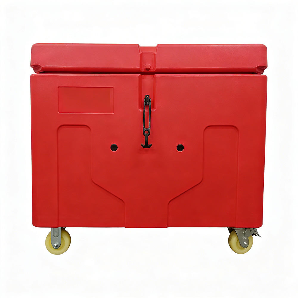 Red MAOKEDA dry ice container with a front latch and caster wheels