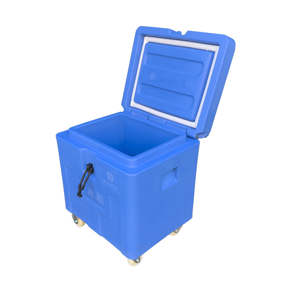 Blue MAOKEDA ICO45 dry ice container with an open lid and caster wheels