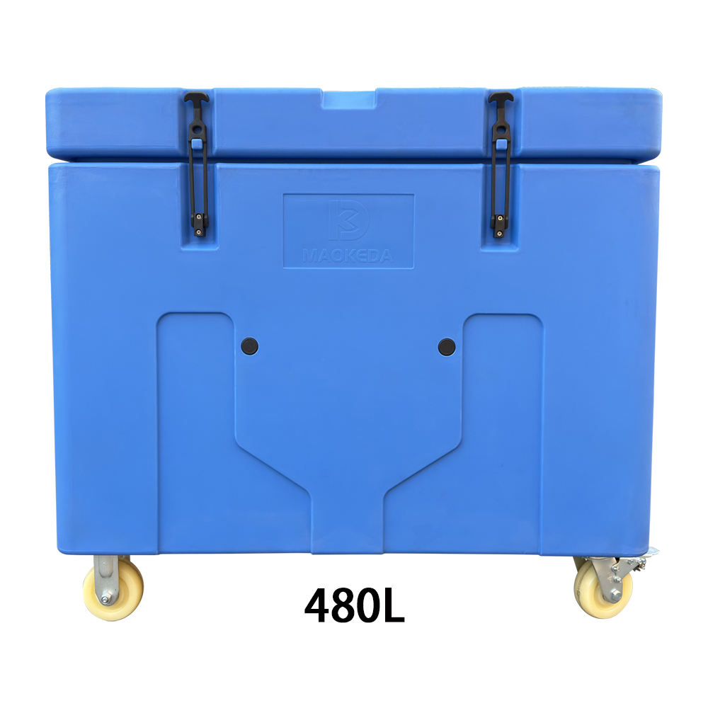 Blue MAOKEDA 480L dry ice container with two front latches and caster wheels