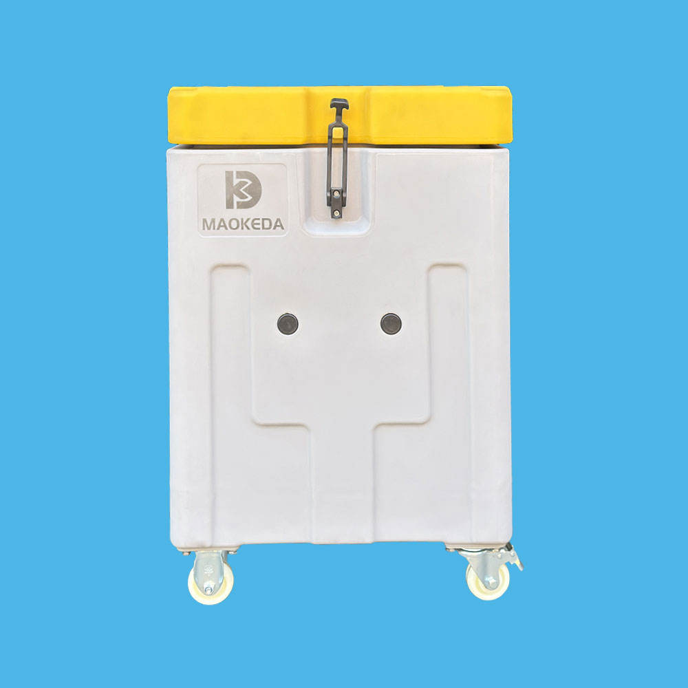White MAOKEDA dry ice container with a yellow lid and caster wheels