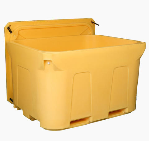 Open yellow 1000L seafood container with a moulded plastic base
