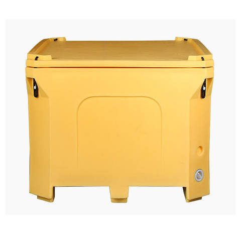 Yellow insulated fish container with a closed lid and moulded base