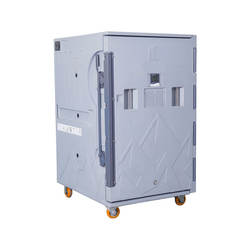 Large grey insulated roll container with a front door and caster wheels