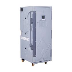 Tall grey insulated roll container with a front-opening door and wheels